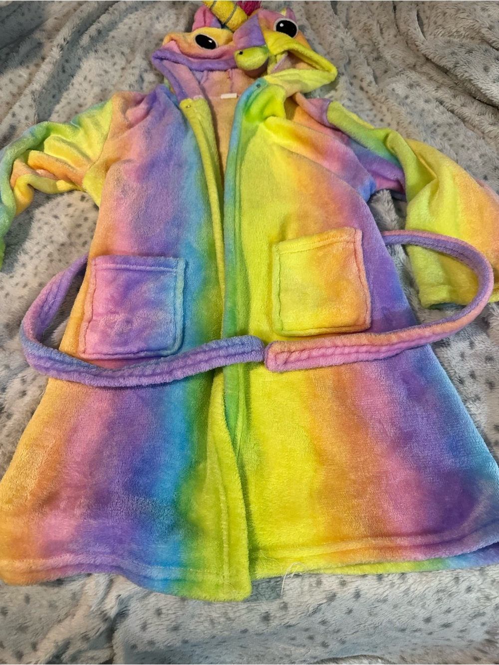 Kids Rainbow Plush Hooded Robe with Belt - Multicolor